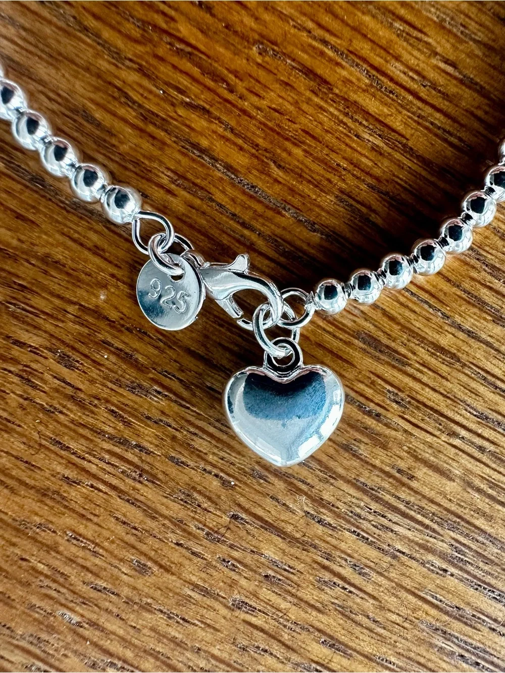 Sterling Silver 925 Beaded Heart Charm Bracelet - 8”